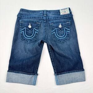 True Religion Y2K Denim Shorts 'Sophie' Made in USA Low Rise Knee Length Size 29